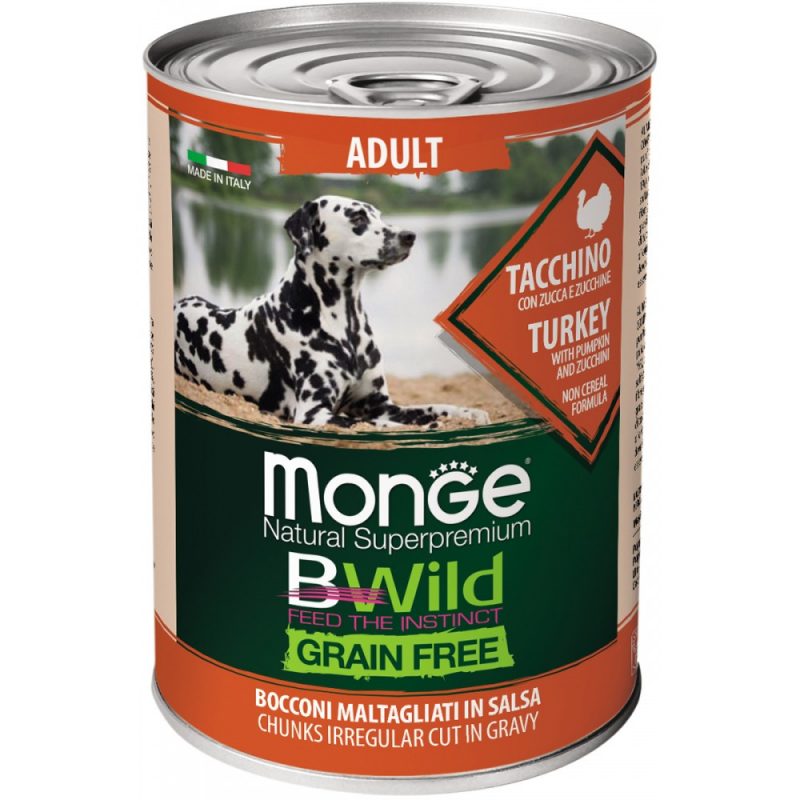 Monge Dog BWild GRAIN FREE - Беззерновые консервы из индейки с тыквой и кабачками для взрослых собак всех пород, 400 г купить в дискаунтере товаров для животных Крокодильчик