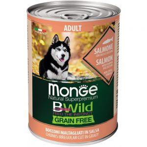 Monge Dog BWild GRAIN FREE - Беззерновые консервы из лосося с тыквой и кабачками для взрослых собак всех пород, 400 г купить в дискаунтере товаров для животных Крокодильчик