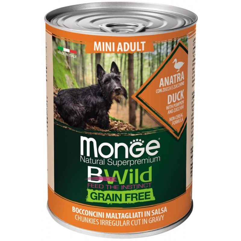 Monge Dog BWild GRAIN FREE Mini - Беззерновые консервы из утки с тыквой и кабачками для взрослых собак мелких пород, 400 г купить в дискаунтере товаров для животных Крокодильчик