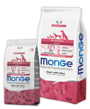 Monge Dog Speciality Line All Breeds ADULT MONOPROTEIN BEEF & RICE купить в дискаунтере товаров для животных Крокодильчик в Москве