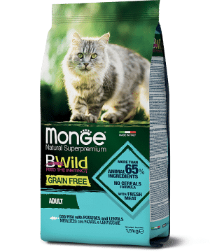Monge BWild Cat Merluzzo сухой корм из трески, картофеля и чечевицы для взрослых кошек, 1,5 кг. купить в дискаунтере товаров для животных Крокодильчик