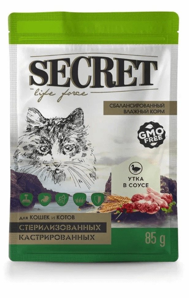 Secret Life Force влажный корм для кошек с уткой, кусочки в соусе, 85 г купить в дискаунтере товаров для животных Крокодильчик в Москве